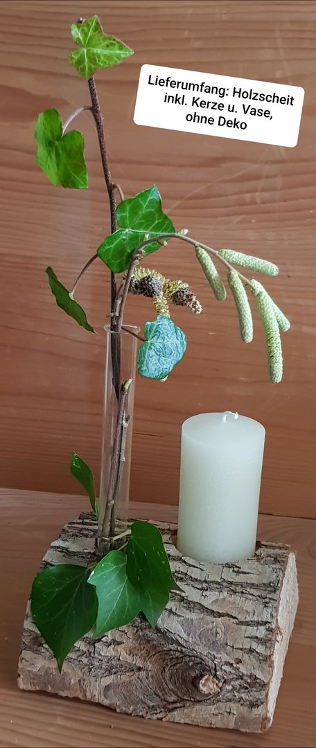 Gesteck 1 Kerze (weiß) und 1 Vase auf Weidenholzscheit
