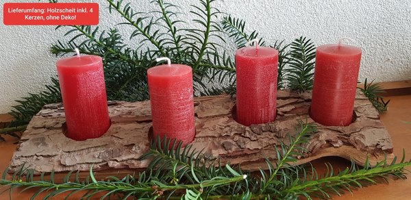 Advents-Gesteck 4 Kerzen (rot) auf rustikalem Fichtenholzscheit