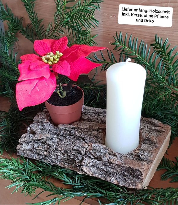 Advents-Gesteck 1 Kerze (weiß/elfenbein) auf rustikalem Holzscheit, mit Aussparung f. Minipflanze