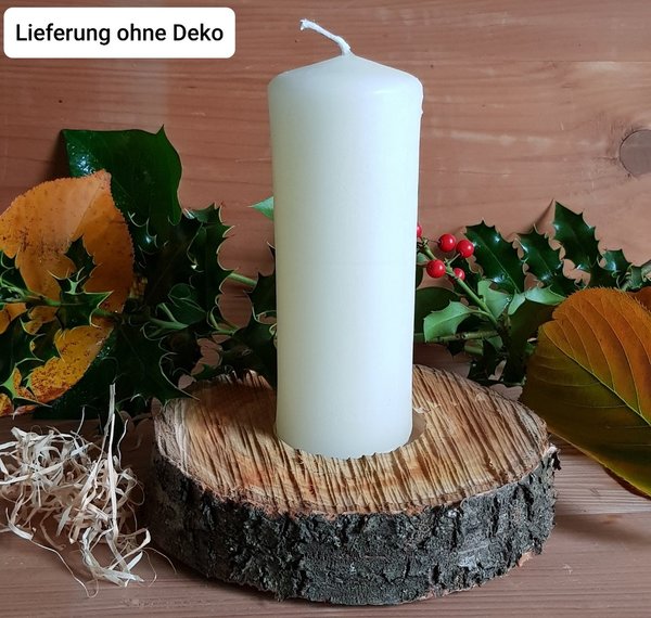 Advents-Gesteck 1 Kerze (weiß/elfenbein) auf rustikaler Baumscheibe aus Kirschenholz