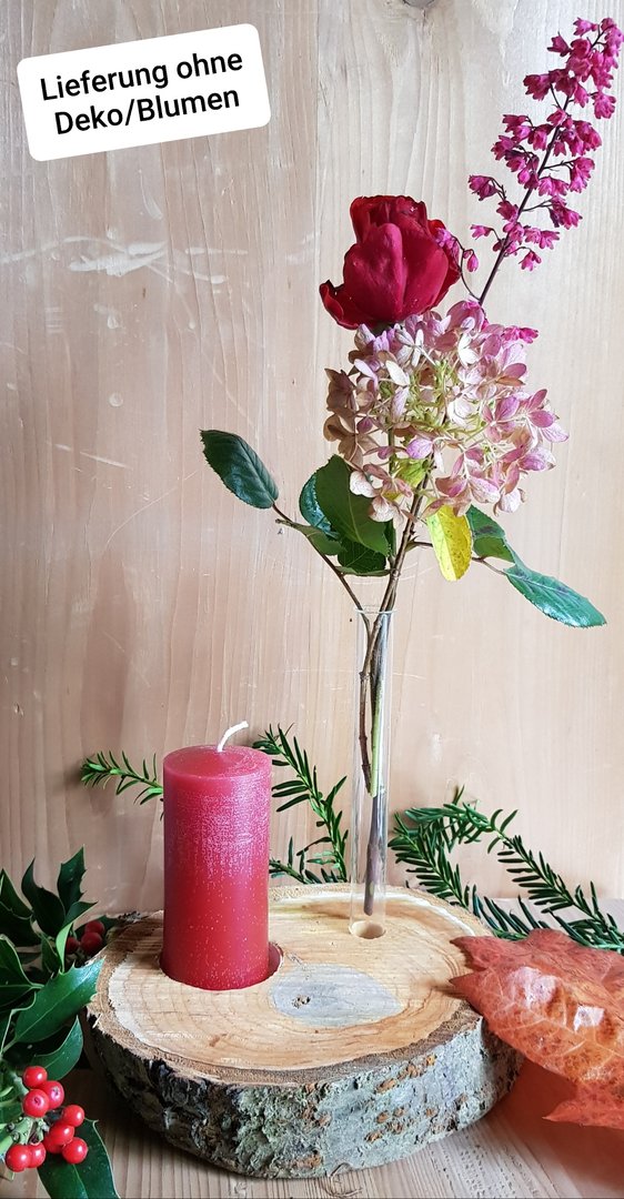 Advents-Gesteck 1 Kerze (rot) und 1 Glasvase auf rustikaler Baumscheibe aus Kirschenholz