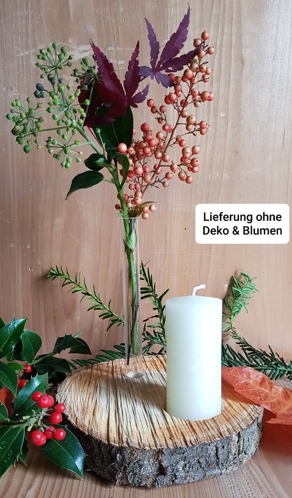 Advents-Gesteck 1 Kerze (weiß/elfenbein) und 1 Glasvase auf rustikaler Baumscheibe aus Kirschenholz
